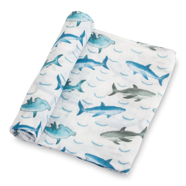 LollyBanks Muslin Swaddle Blankets, 100% Cotton Baby Blanket, 47"x 47" Newborn Swaddle Blanket, (Shark Print)
