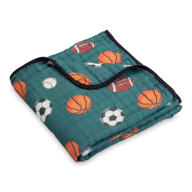 LollyBanks 100% Cotton Muslin Baby Blanket, 47"x47", lightweight quilt with sports print for newborns.