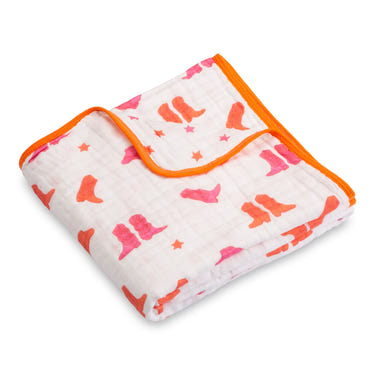 LollyBanks pink boot print muslin baby blanket, 100% cotton, lightweight, 47"x47", 6 layers, perfect for newborns.