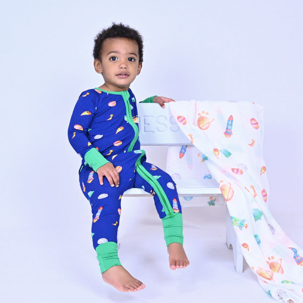 LollyBanks And Beyond Zipper One-Piece Pajama space-themed print