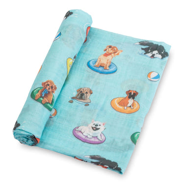 LollyBanks 100% Cotton Muslin Swaddle Blanket for babies, 47"x47", featuring adorable swimming dogs design.