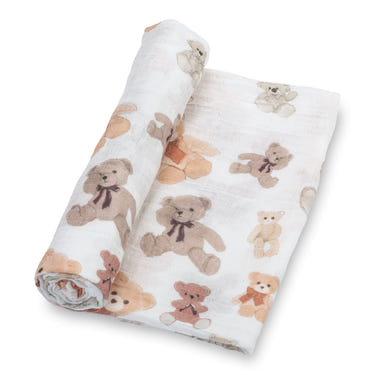 LollyBanks 100% Cotton Teddy Bear Print Muslin Swaddle Blanket for newborns, 47"x47" size.
