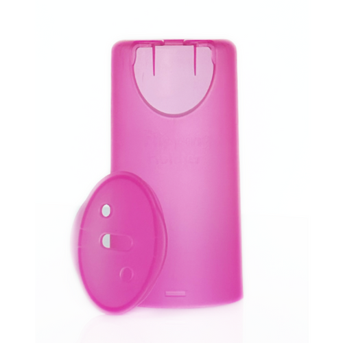 "Flipping Holder TRAVEL for food pouches and juice boxes, fits in car cup holders, angled view."