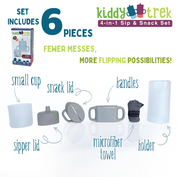 KiddyTrek 4-in-1 Sip & Snack Set: versatile food pouch, juice box holder, snack cup, and sip cup for babies.