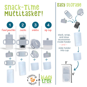 KiddyTrek 4-in-1 Sip & Snack Set: versatile food pouch, juice box holder, snack cup, and sip cup for babies.