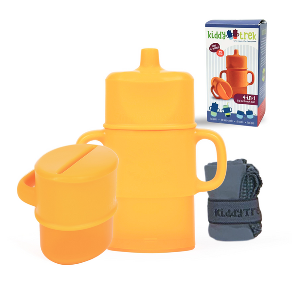 KiddyTrek 4-in-1 Sip & Snack Set: versatile food pouch, juice box holder, snack cup, and sip cup for babies.