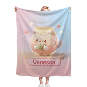 Personalized Kawaii Oat Milk Cat Blanket | Custom Name | Matcha Boba Cat