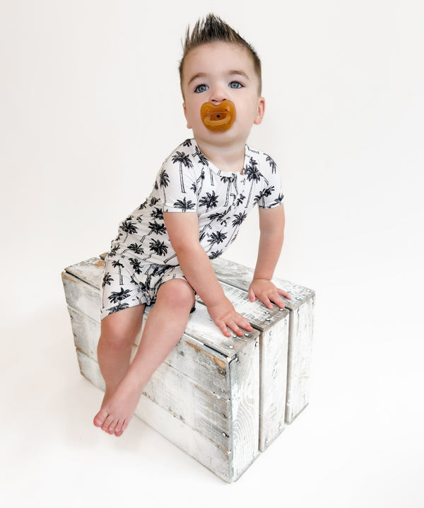 Bamboo Shorty Romper  | Palm Style White