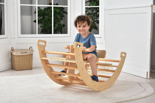 Bailis Climbing Arch and Rocker for babies, indoor play equipment, angle view showcasing design and functionality.