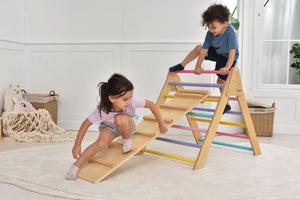 Olive Pikler Triangle Ladder and Climber Slide in multiple sizes, perfect for indoor play and development.