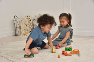 Wooden car toy set - 10 piece indoor playset, displayed at angle 3 for a dynamic view.