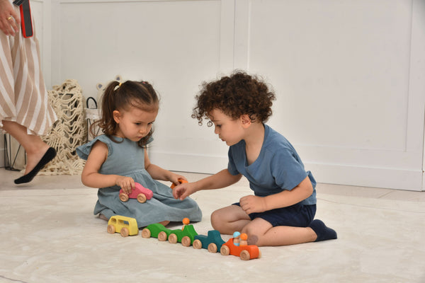 Wooden car toy set - 10 colorful pieces for indoor play, showcasing angle 4 view of the vibrant designs.