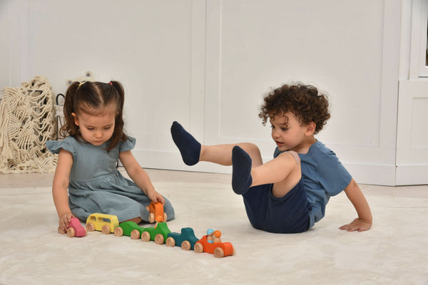 Wooden car toy set - 10 piece indoor playset for babies, showcasing colorful cars from angle 6.