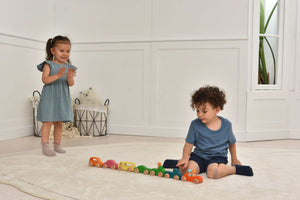 Wooden car toy set - 10 piece indoor playset for toddlers, showcasing colorful cars from an angled view.
