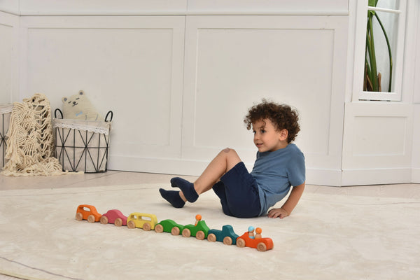 Wooden car toy set - 10 colorful pieces for indoor play, perfect for toddlers and young children.
