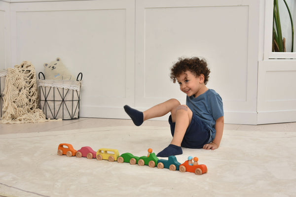 10-piece wooden car toy set for indoor play, showcasing colorful designs and durable craftsmanship.