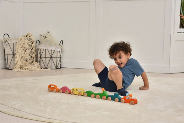Wooden car toy set - 10 colorful pieces for indoor play, shown at angle 14. Perfect for toddlers and imaginative play.
