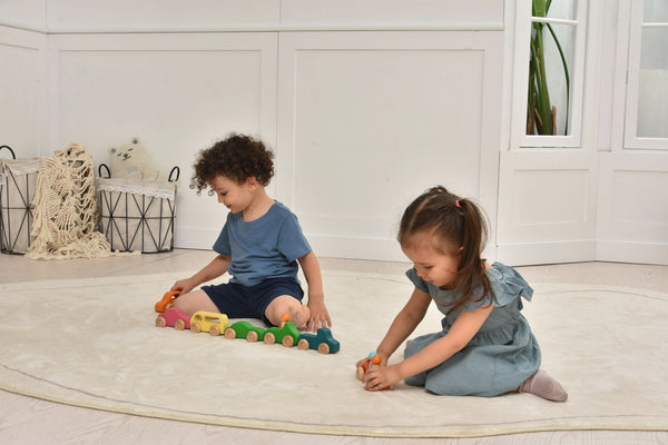 Wooden car toy set - 10 colorful pieces for indoor play, angled view showcasing vibrant designs and sturdy construction.