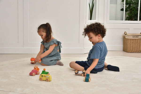 Wooden car toy set - 10 colorful pieces for indoor play, angled view showcasing fun and creativity for babies.