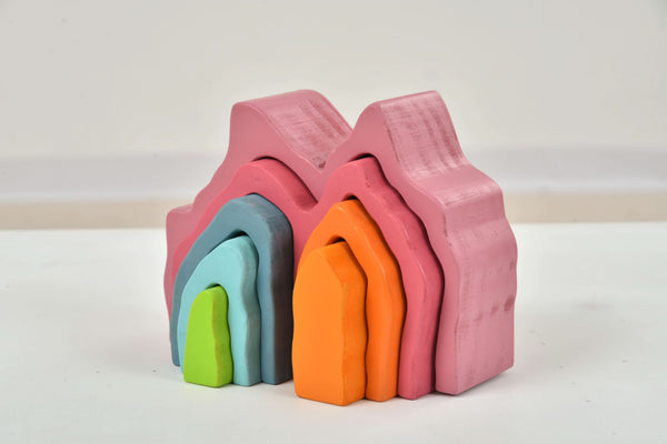 Wooden Mountain Rainbow Stacker Toy Puzzle Blocks in vibrant colors, perfect for indoor play and early childhood development.