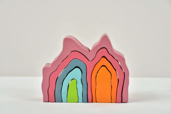 Wooden Mountain Rainbow Stacker Toy Puzzle Blocks in vibrant colors, perfect for indoor play and early childhood development.