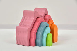 Colorful Wooden Mountain Rainbow Stacker Toy Puzzle Blocks for indoor play, showcasing vibrant angles and creative design.