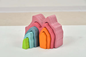 Wooden Mountain Rainbow Stacker Toy Puzzle Blocks for indoor play, showcasing vibrant colors and unique design at angle 14.
