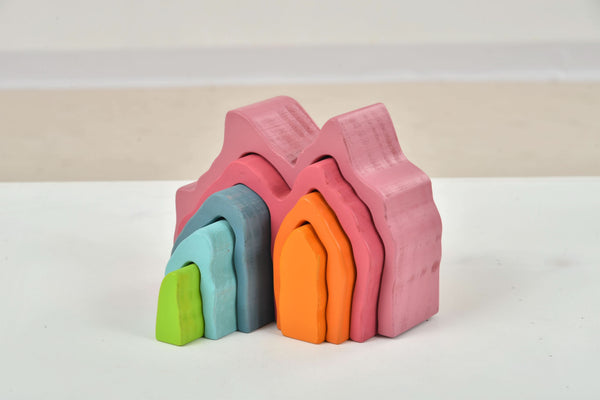 Wooden Mountain Rainbow Stacker Toy Puzzle Blocks for indoor play, showcasing vibrant colors and unique design at angle 14.