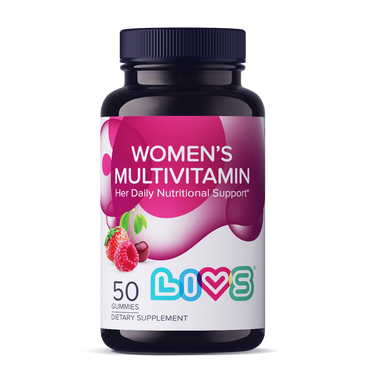 Women's multivitamin gummies in strawberry, cherry, and raspberry flavors for health-conscious moms.