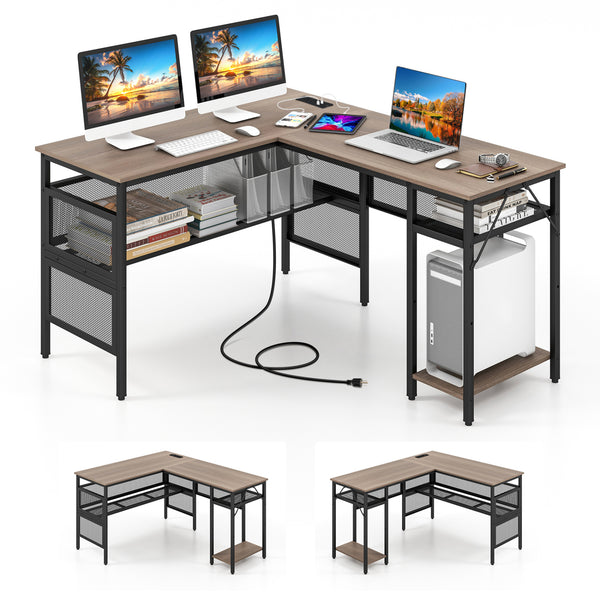L-Shaped Computer Desk with Charging Station and Adjustable Shelf-Gray