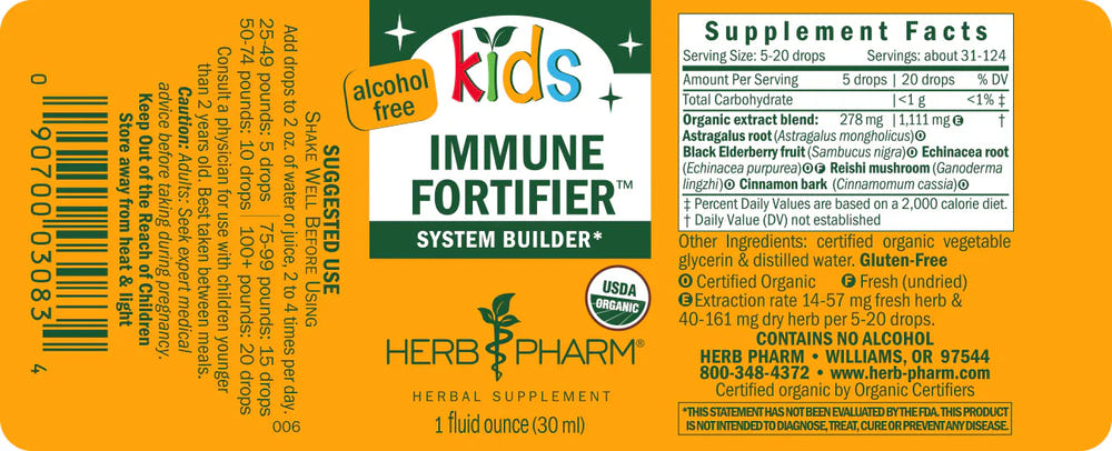 Herb Pharm Kids Immune Fortifier - Liquid Herbal Extract for Daily Immune Support - 1 oz bottle.