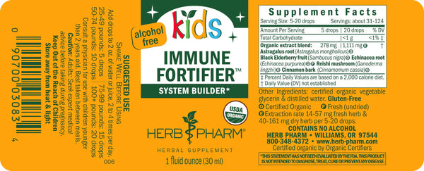 Herb Pharm Kids Immune Fortifier liquid herbal extract for daily immune support, 1 oz bottle, angle view.