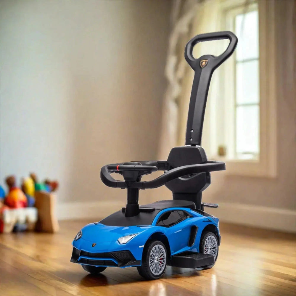 Lamborghini 3-in-1 Kids Push Ride On Toy Car in vibrant colors for fun and safe outdoor play.