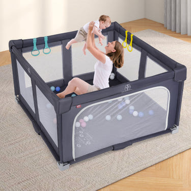 Large dark grey BPA-free baby playpen, foldable safety fence for toddlers, ideal for play yards.