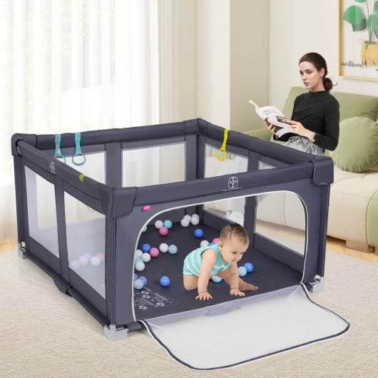 Large dark grey BPA-free baby playpen, foldable safety fence for toddlers, ideal for play yards.