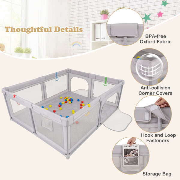 Large Baby Playpen with Pull Rings and Ocean Balls-Gray