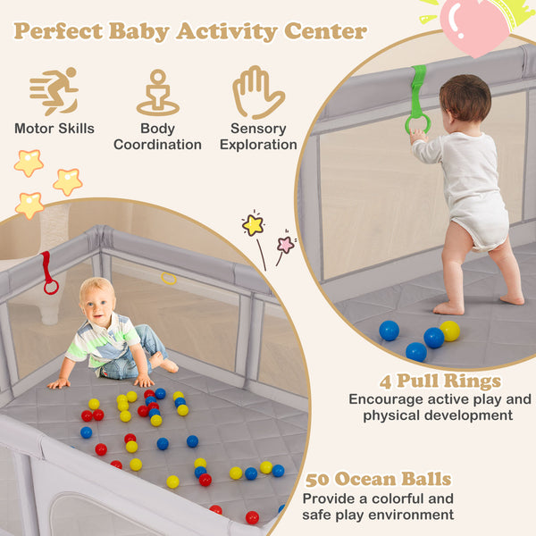 Large Baby Playpen with Pull Rings and Ocean Balls-Gray