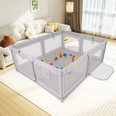Large gray baby playpen with pull rings and ocean balls, perfect for safe playtime and feeding.
