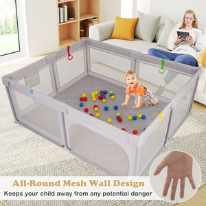 Large Baby Playpen with Pull Rings and Ocean Balls-Gray