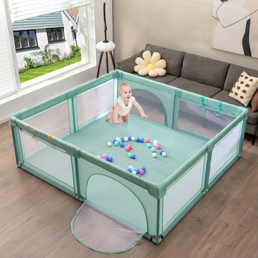 Large infant playpen safety center with 50 ocean balls for safe playtime and feeding.
