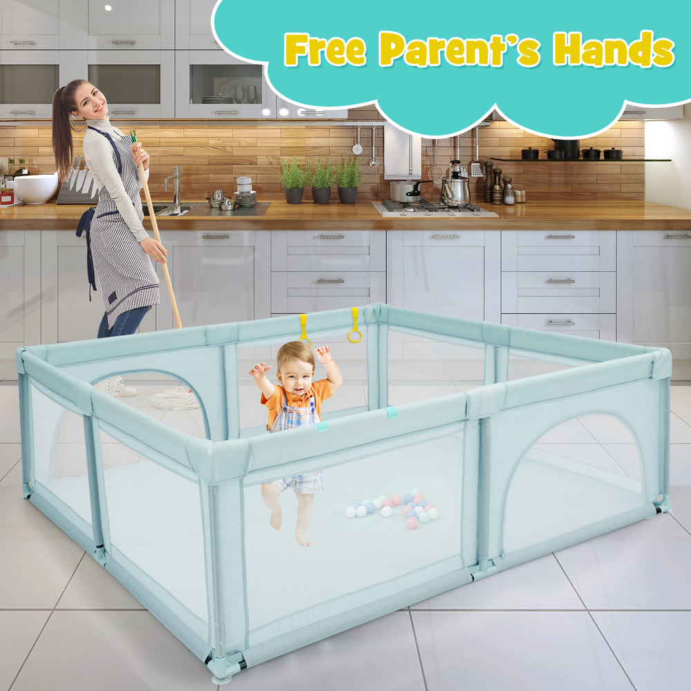 Large infant playpen safety center with 50 ocean balls for safe playtime and feeding.