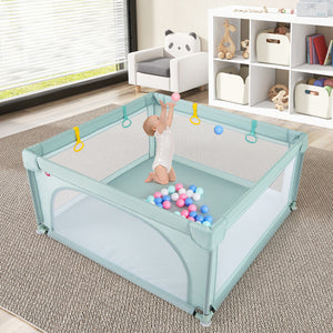 Large Safety Play Center Yard with 50 colorful balls for infants, promoting safe playtime and feeding activities.