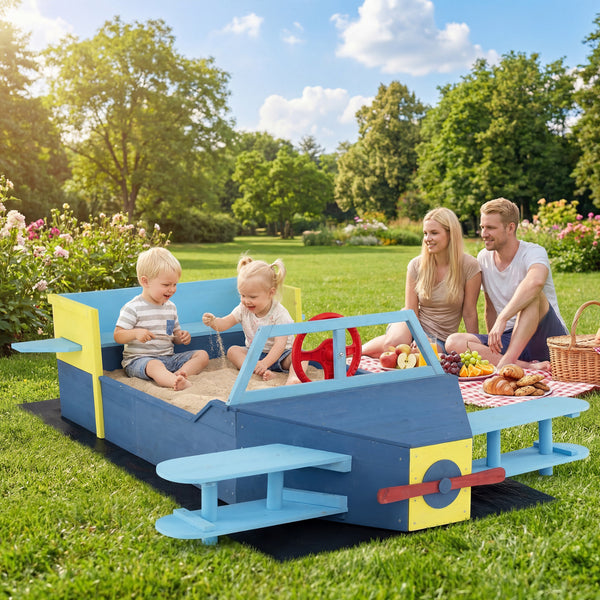 Large Wooden Kids Sandbox with Bottom Liner and Bench Seat-Blue