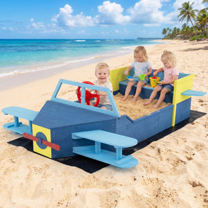Large Wooden Kids Sandbox with Bottom Liner and Bench Seat-Blue