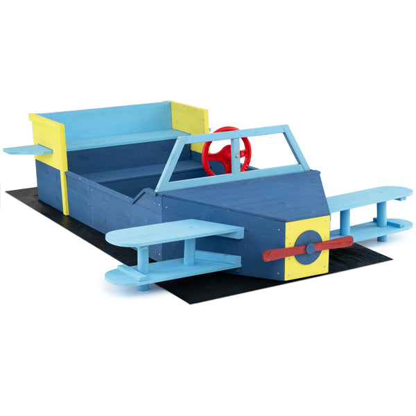 Large Wooden Kids Sandbox with Bottom Liner and Bench Seat-Blue