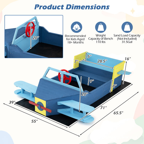 Large Wooden Kids Sandbox with Bottom Liner and Bench Seat-Blue