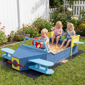 Large Wooden Kids Sandbox with Bottom Liner and Bench Seat-Blue