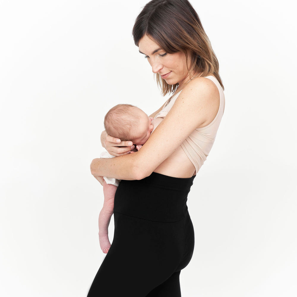 High-waisted leggings for nursing moms, offering comfort and style during feeding sessions.