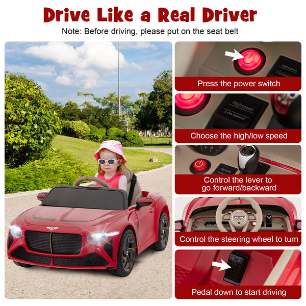 12V Bentley Bacalar kids ride-on car in angle view, perfect toy for young racers.