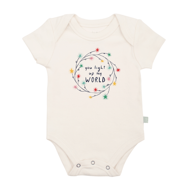 Light Up My World graphic bodysuit for babies, short sleeve design, perfect for playful and stylish outfits.